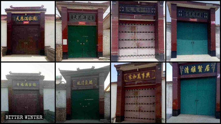 Religion-related plaques on villagers’ door lintels have been replaced with secular ones.